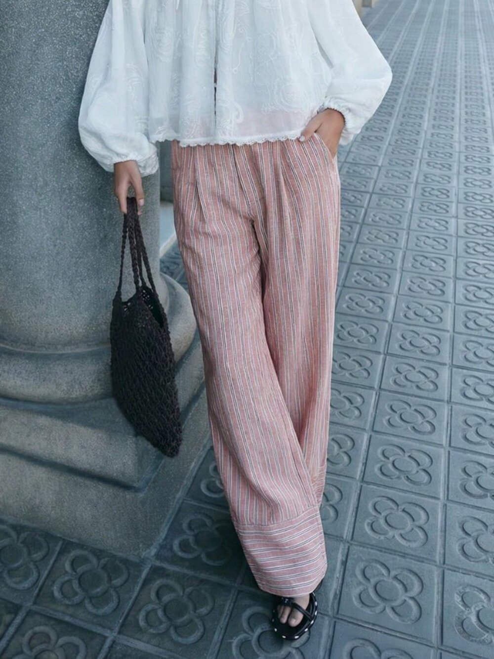 Baby Pink Casual Women's Mid Rise Long Pants - Picture 3 of 7